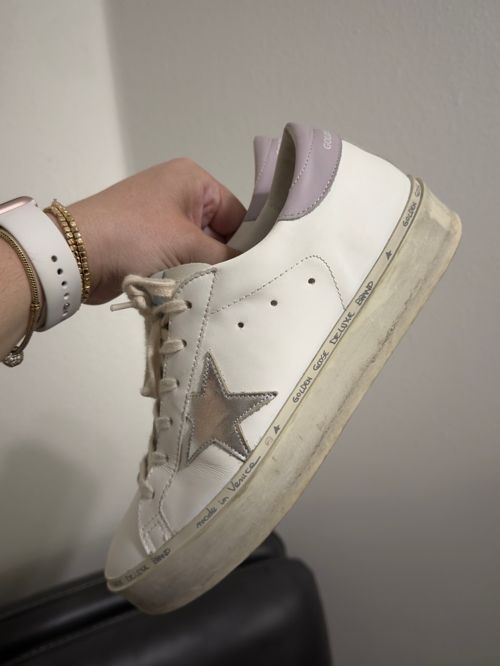 Golden Goose White Leather Sneakers with Silver Star and Pink Heel Tab